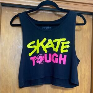Stussy | Black Crop Top with Neon Yellow and Pink “Skate Tough” Print - Medium